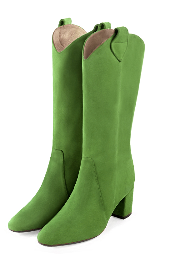 Grass green women's mid-calf boots. Round toe. Medium block heels. Made to measure. Front view - Florence KOOIJMAN